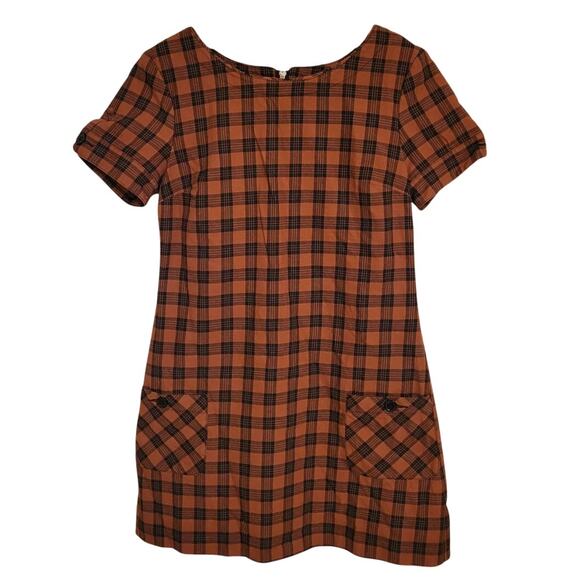 Ben Shermen Short Sleeve Mini Plaid Shift Dress Rustic Brown Black Womens Medium - Picture 1 of 9